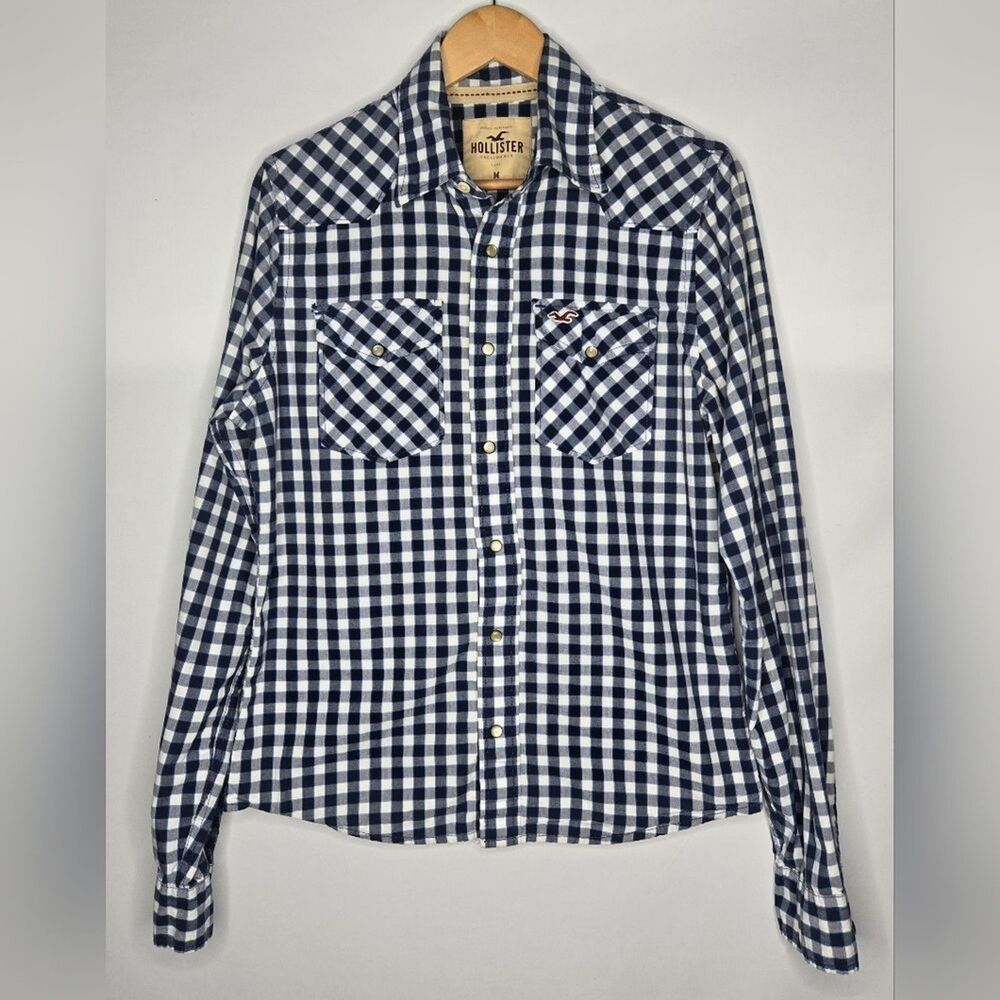 Men's Hollister Blue & White Checks Western Style Shirt - Medium